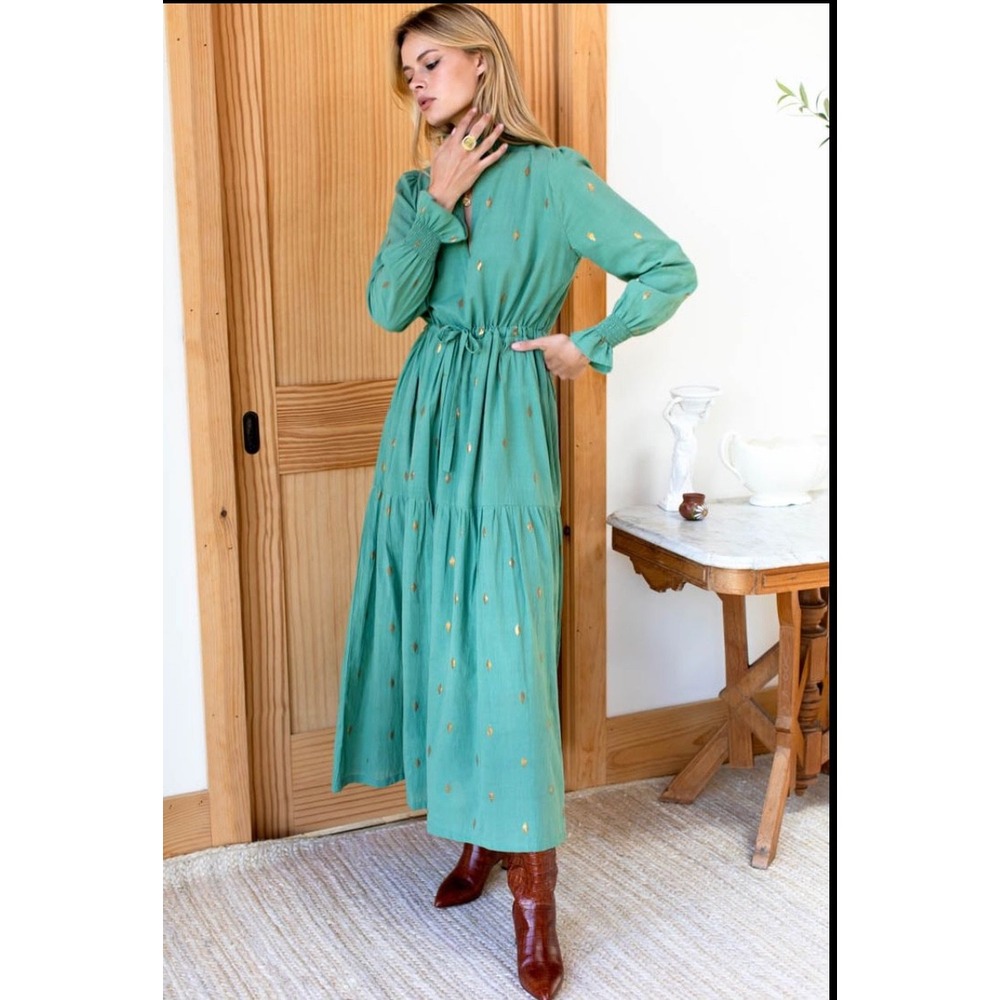 Emerson Fry Lucybella Gold Leaf Kasmir Cotton Lurex Maxi Dress M Boho Prairie